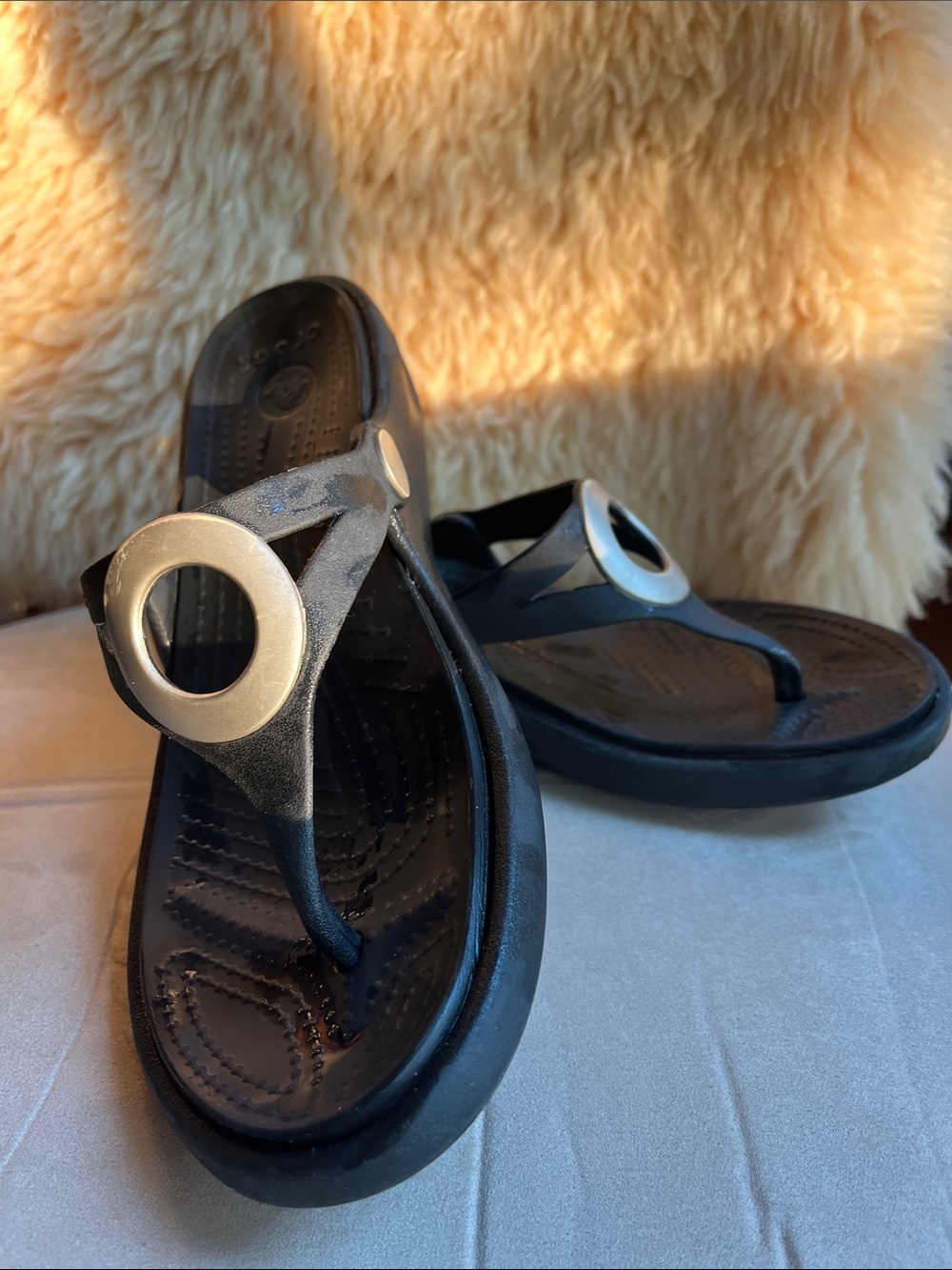 Classic croc women’s Black heel Sandals with Silver Ring Accent